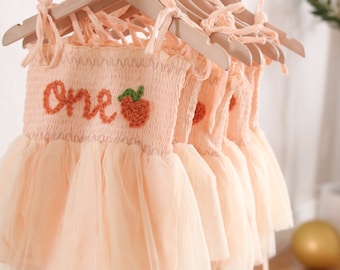 One Romper First Birthday Outfit First Birthday Romper Hand-embroidered One Romper with Peach