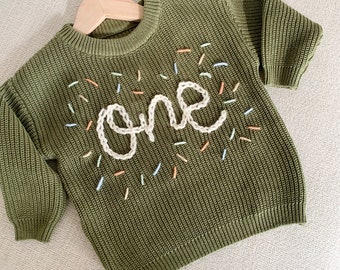 Hand embroidered One Green Sweater First Birthday Sweater Hand embroidered sweater