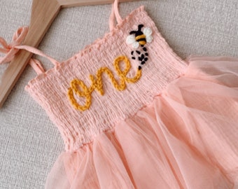 One Romper First Birthday Outfit First Birthday Romper Hand-embroidered One Romper with a bumblebee