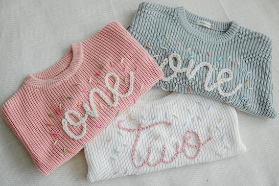 Personalized Hand embroidered One Sweater First Birthday Sweater Hand embroidered sweater