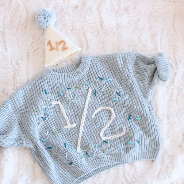 Suéter de cumpleaños bordado a mano 1/2 uno dos tres cuatro Suéter de cumpleaños medio Suéter bordado a mano