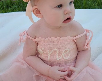 One Romper First Birthday Outfit First Birthday Pink Romper Hand-embroidered One Romper with a sun