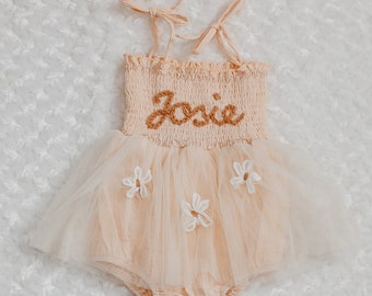 Name Personalized Romper First Birthday Outfit First Birthday Romper Hand-embroidered  Romper with daisy flowers Milestone Tulle Romper