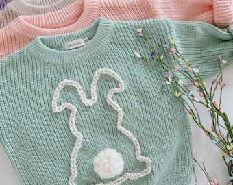 Hand embroidered Bunny Sweater First Easter Sweater Hand embroidered sweater Bunny silhouette sweater