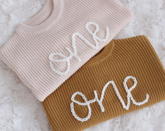 Hand embroidered One Sweater First Birthday Sweater Hand embroidered sweater Simple One Sweater