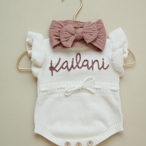 PERSONALIZED Hand embroidered Romper Baby Announcement Romper Newborn Baby Romper Name Romper