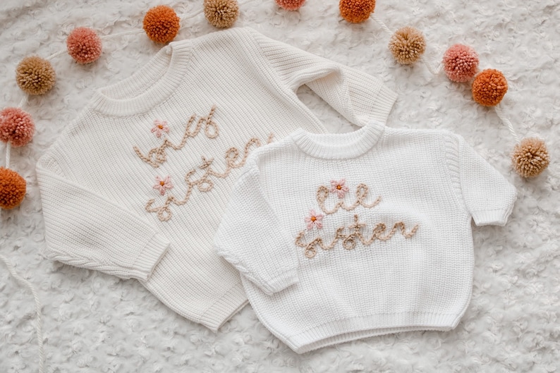 Hand embroidered Big Sister Lil Sister Sweater Hand embroidered sweater image 1