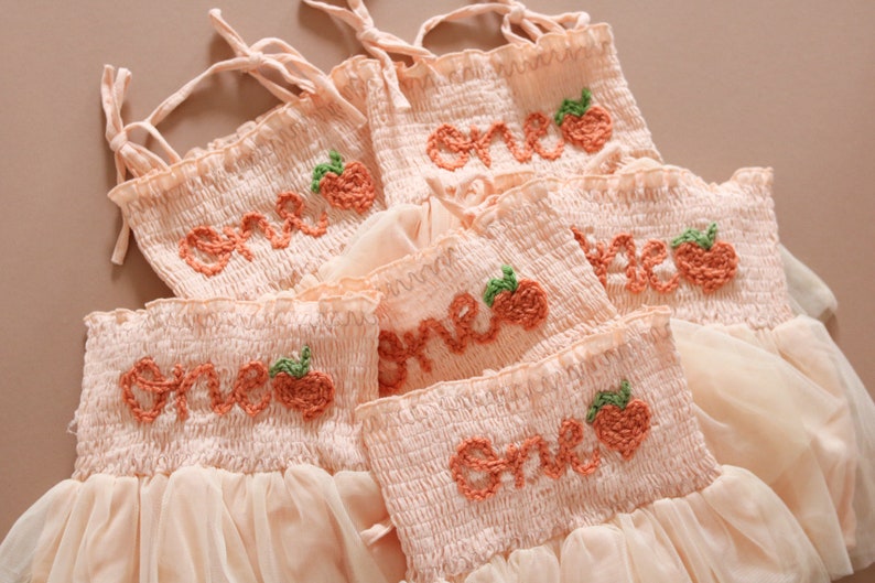 One Romper First Birthday Outfit First Birthday Romper Hand-embroidered One Romper with Peach image 3