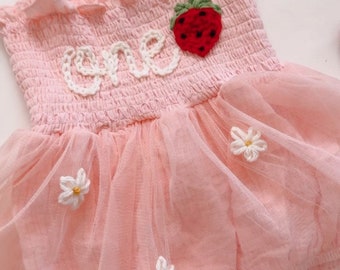 One Romper First Birthday Outfit First Birthday Romper Hand-embroidered One Romper with Strawberry + daisy flowers