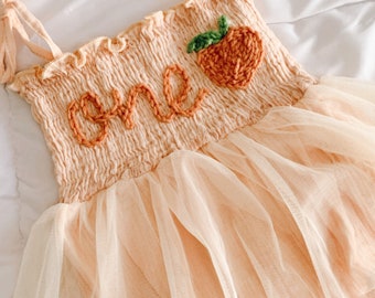 One Romper First Birthday Outfit First Birthday Romper Hand-embroidered One Romper with Peach