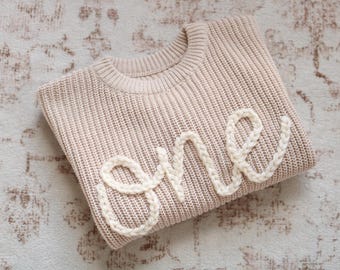 Hand embroidered One Sweater First Birthday Sweater Hand embroidered sweater Simple One Sweater