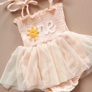 Hand-embroidered First Birthday Romper - Peach Sun Outfit