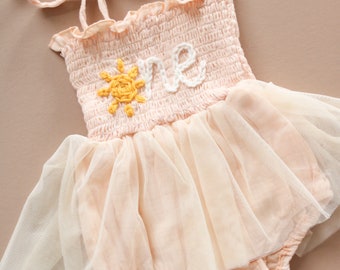Hand-embroidered First Birthday Romper - Peach Sun Outfit