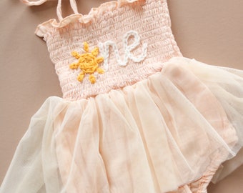 One Romper First Birthday Outfit First Trip Around the Sun Birthday Romper Hand-embroidered One Romper and Sun