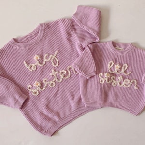 Hand embroidered Big Sister Lil Sister Sweater Hand embroidered sweater Purple Sweater