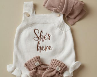 Newborn Baby Romper Hospital Outfit Baby Shower Gift Set Newborn Personalized Romper She’s Here Outfit