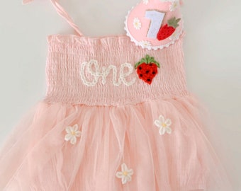 One Romper First Birthday Outfit First Birthday Romper Hand-embroidered One Romper with Strawberry + daisy flowers and Birthday Hat Combo