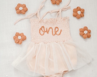 One Romper First Birthday Outfit First Birthday Romper Hand-embroidered One Romper