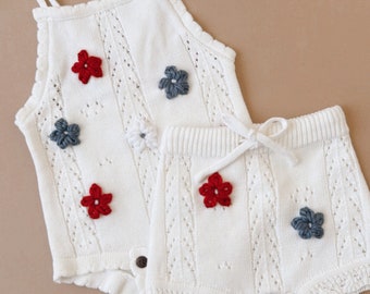 Fourth Of July Romper Handembroidered Patriotic Set USA embroidered romper Floral Patriotic Romper