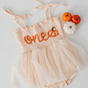 One Romper First Birthday Outfit First Birthday Romper Hand-embroidered One Romper with pumpkin