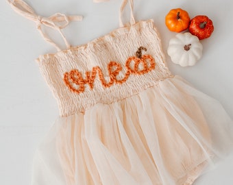 One Romper First Birthday Outfit First Birthday Romper Hand-embroidered One Romper with pumpkin