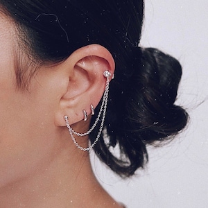 Helix chain earrings, Double stud earrings, Double chain earrings, Cartilage chain earrings, Double piercing earrings, Dainty helix earrings
