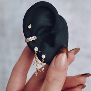 Dainty Gold Earrings, CZ Stud Earrings, Cute Trendy Earrings, Chain Stud Earrings, Double Piercing Earring Chain, Minimalist Stud Earrings