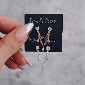Dainty Chain CZ Double Earrings | Double Piercing Chain Earrings | Connecting Chain Earrings Dangle | Statement Earrings | Minimalist Studs