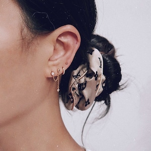 Double Piercing Chain Earrings | Dainty Chain CZ Double Earrings | Connecting Chain Earrings Dangle | Star Chain Earrings | Minimalist Studs