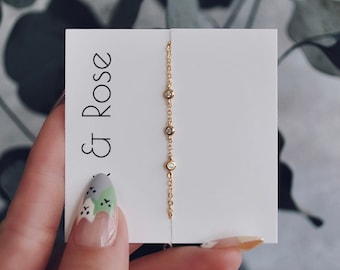 Dainty Gold Bracelet, CZ Solitaire Diamond Bezel Bracelet, Tiny CZ Diamond Bracelet, Delicate Chain Bracelet, Minimalist Chain Bracelet