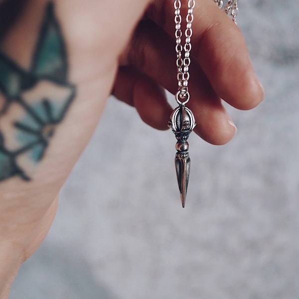 Sterling silver dagger necklace, Long silver necklace, Dagger necklace, Silver chain necklace, Sterling silver necklace, Phurba dagger