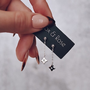 Dainty Dangle Stud Earrings | Stud Chain Earring With Charm Gold or Silver | Minimalist Flower Charm Dangle Earrings | Stud With CZ Charm