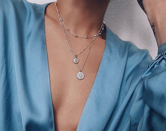 Sterling Silver Coin Pendant Necklace, Layered Medallion Set