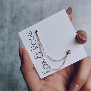Double stud earrings, Double chain earrings, Double connector earring, Double piercing earring, Dainty gold earrings, Helix earrings
