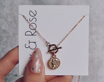 Vermeil Greek Coin Toggle Necklace, Gold Filled Clasp