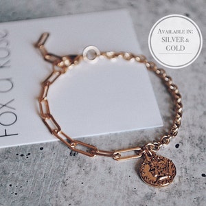 Coin bracelet, Medallion bracelet, Gold coin bracelet, Link chain medallion bracelet, Thick chain bracelet, Paperclip chain bracelet gold