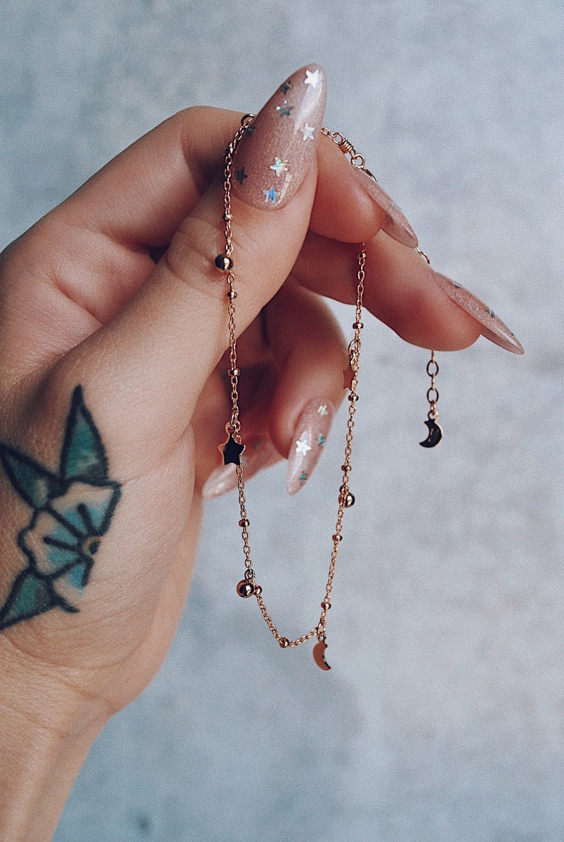Star and moon anklet Dainty gold anklet Delicate gold Etsy