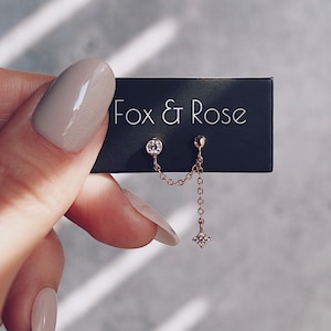 Dainty Chain CZ Double Earrings | Double Piercing Chain Earrings | Connecting Chain Earrings Dangle | Star Chain Earrings | Minimalist Studs