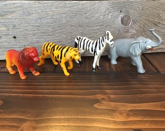 Set of 4 Marx Hard Plastic Animals Lion Tiger Zebra Elephant