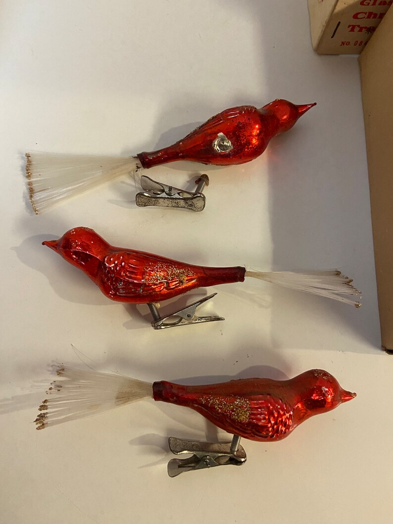 Set of 3 Red and Gold Shiny Brite Glass Bird Christmas Tree Ornaments