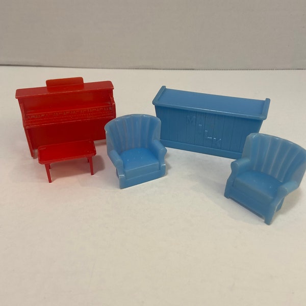 Vintage MARX plastic dollhouse furniture set of 5 pieces piano bench milk bar armchair red blue