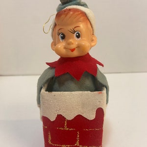 Vintage knee hugging elf in chimney felt made in Japan with bell
