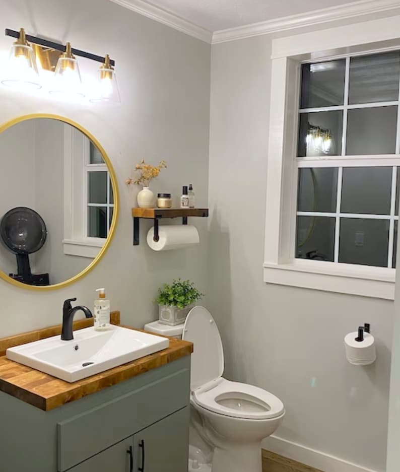 Updated bathroom with green cabinet and a paper towel dispenser mounted under shelf with a paper towel roll. There is also a black toilet paper holder, light fixtures, and plants.