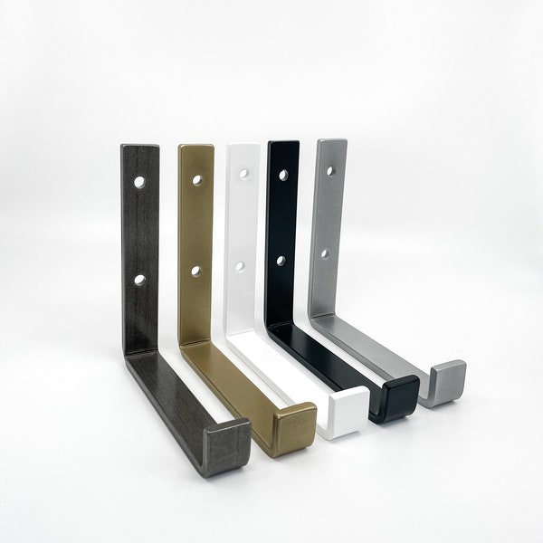 Metal Shelf Bracket, J Bracket for Floating Shelves - Multiple Sizes, Black, Brass, Raw Steel, White & Silver