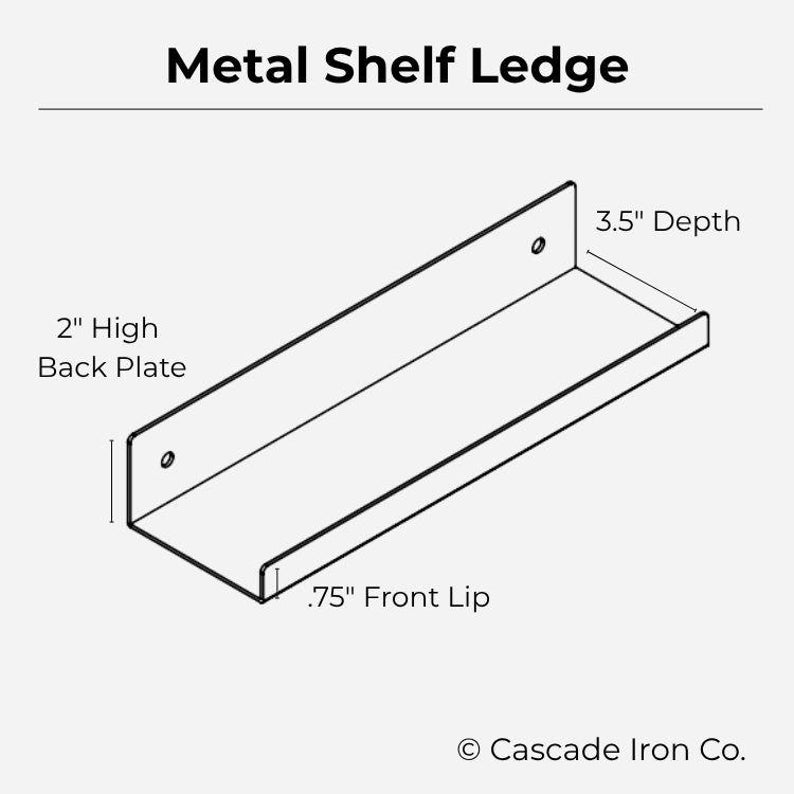 line drawing of a metal shelf ledge with front lip dimensions includes 3.5" depth - cascade iron co