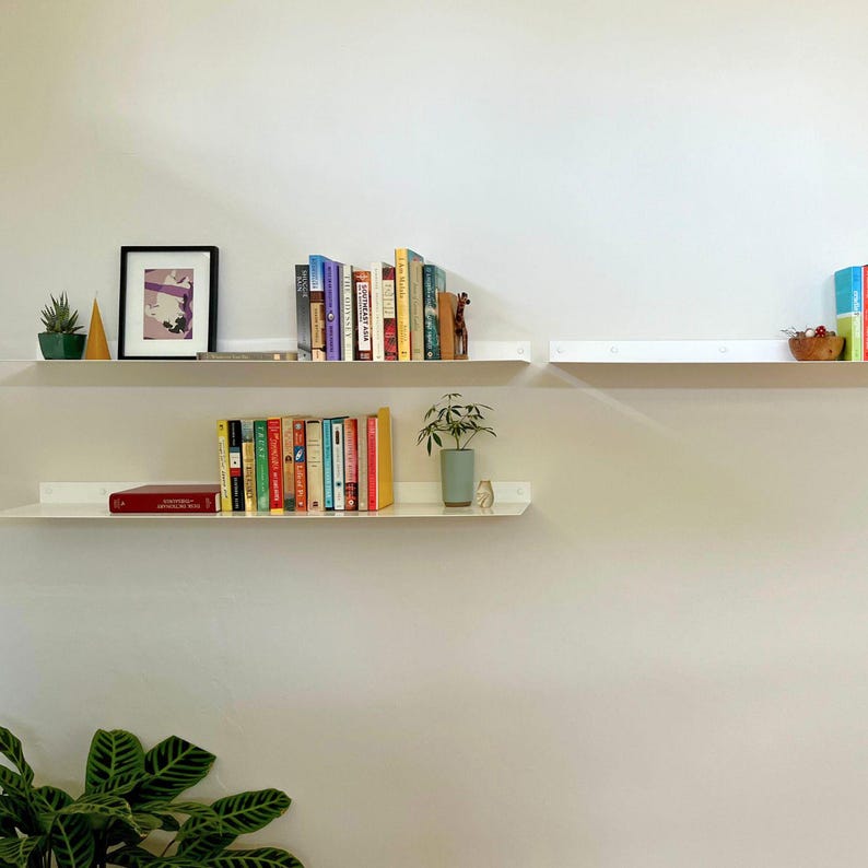 Two white floating shelves with books, a small potted plant, and a framed picture. The shelves are mounted on a white wall.
