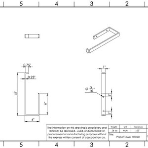 technical drawing spec sheet for paper towel holder measurements including 1" wide steel, 12" long arm, and 6" mounting leg - cascade iron co