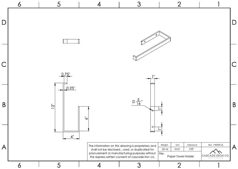 technical drawing spec sheet for paper towel holder measurements including 1" wide steel, 12" long arm, and 6" mounting leg - cascade iron co