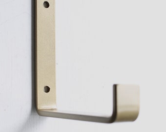 Gold Floating Shelf Bracket, Minimal J Shape, Brass Hardware, Holds 75 Lbs