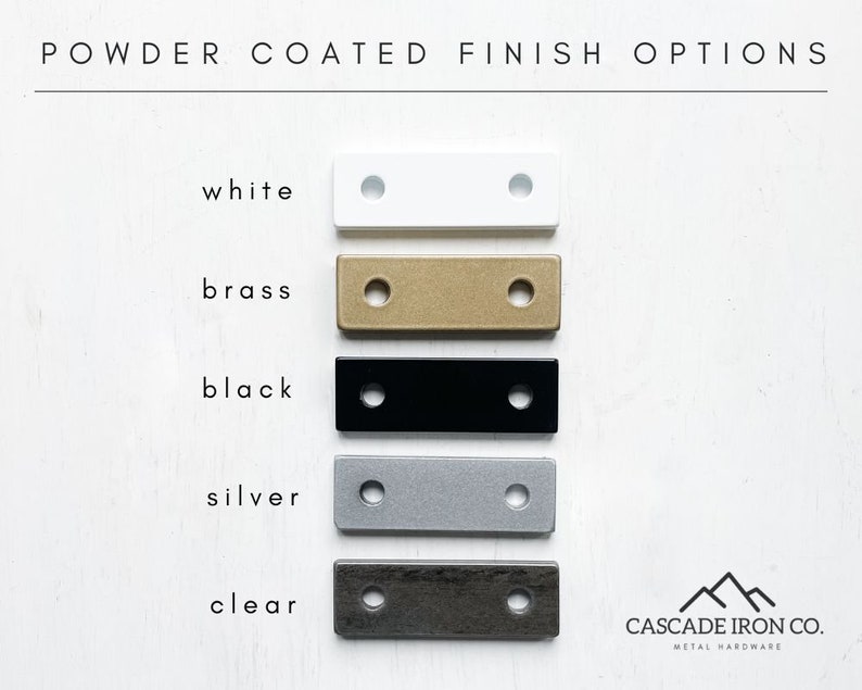 cascade iron co. finishes: white, brass, black, silver, clear coated steel